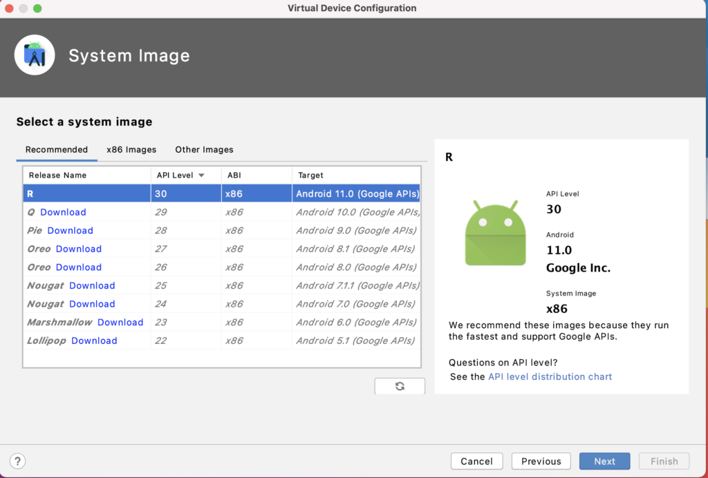 Android AVD作成時のシステムイメージを選択する画面