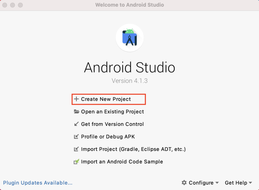 Android Studioのホームからプロジェクト作成を選択する